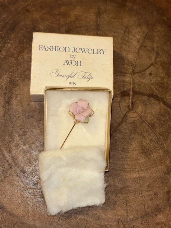 Avon Jewelry - Avon Pink and Green Enamel Floral Stick Pin and Original Box